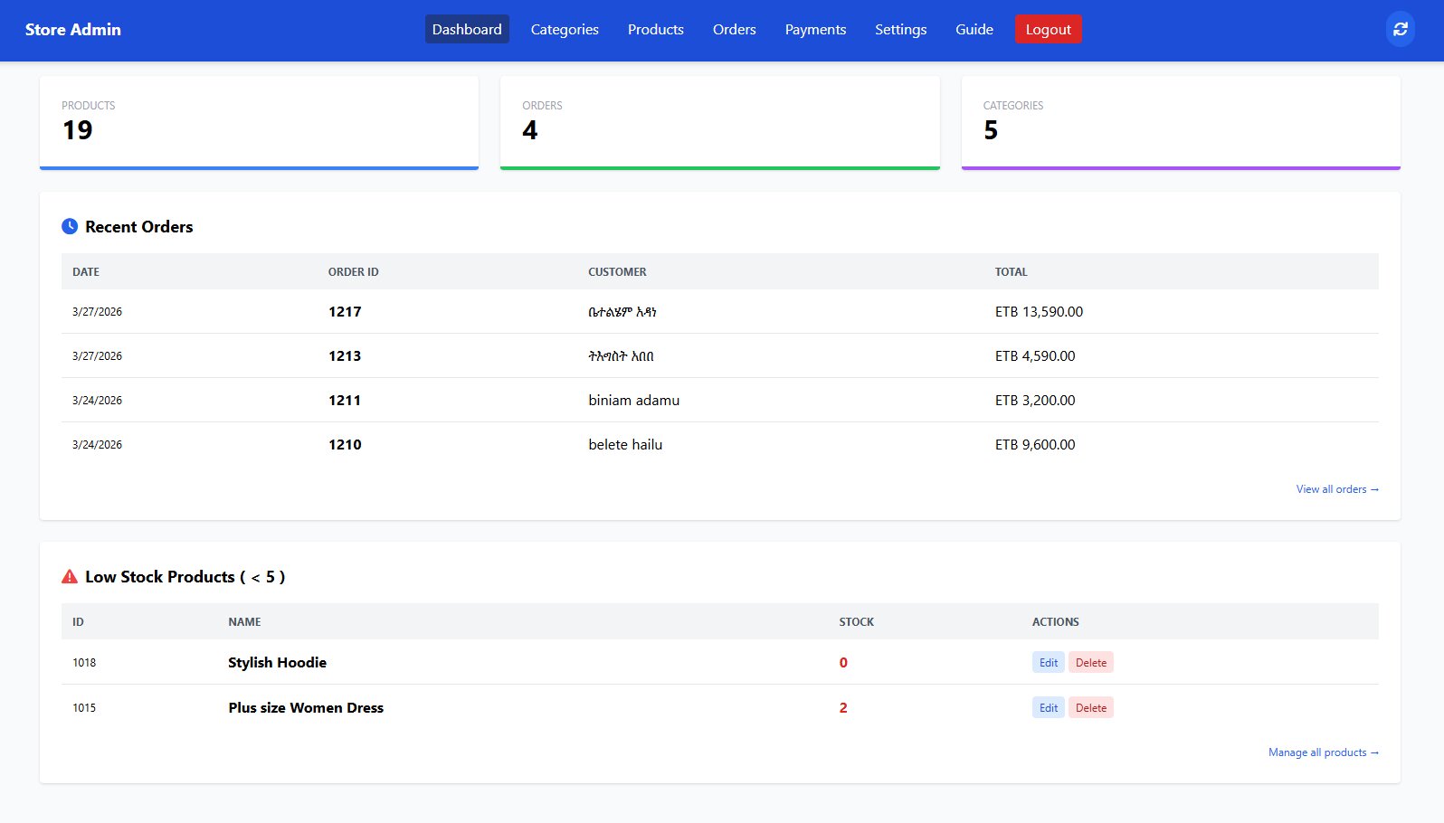 Seller dashboard